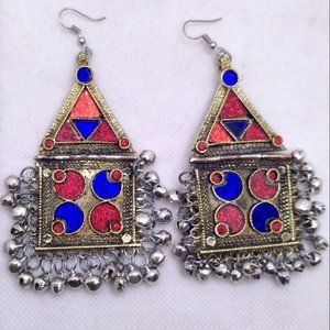 Tribal Dangle Earrings With Bells, Kuchi Vintage Massive Red and Blue GlassStone